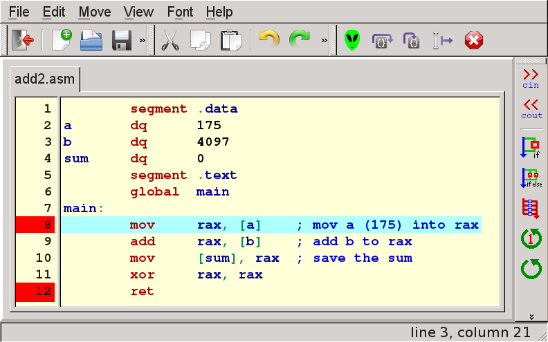 breakpoints on lines 8 and 12