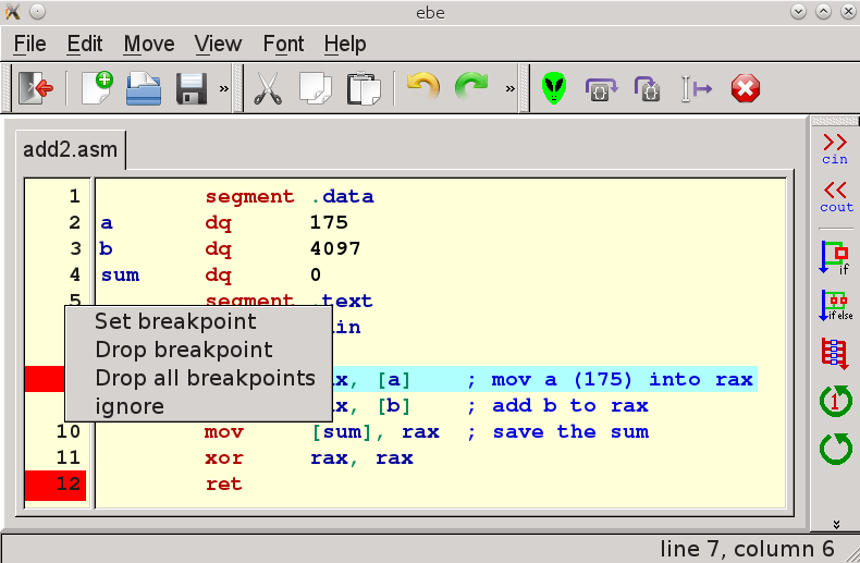 breakpoints on lines 8 and 12